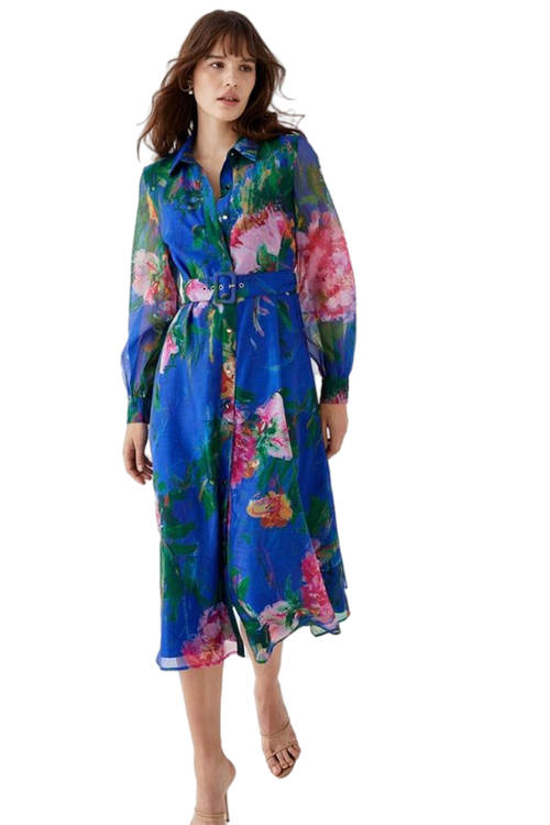 Jacques Vert Blue Printed Organza Shirt Dress BCC05866