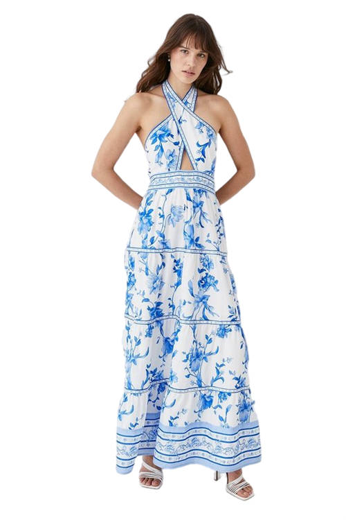 Jacques Vert Blue Ribbon Trim Cross Front Tiered Maxi Dress BCC05746