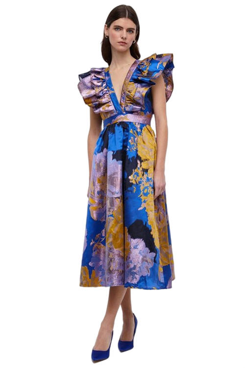 Jacques Vert Blue Ruffle Sleeve Organza Jacquard Midi Dress BCC05096