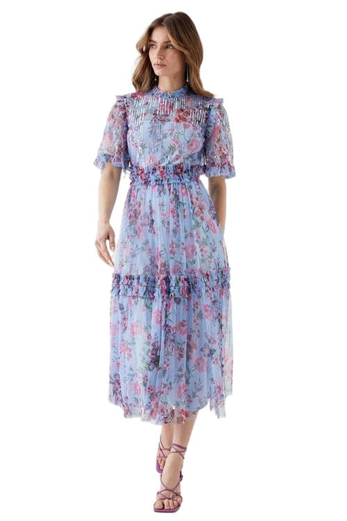 Jacques Vert Blue Sequin Angel Sleeve Printed Mesh Midi Dress BCC05253