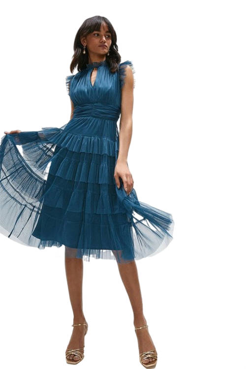 Jacques Vert Blue Tulle Tiered Frill Sleeve Dress ACC95332