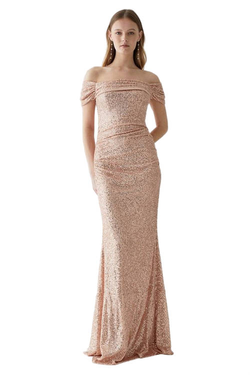 Jacques Vert Blush Bardot Ruche Detail Sequin Fishtail Bridesmaid Maxi Dress BCC04782