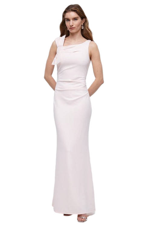 Jacques Vert Blush Bow Shoulder Sculpting Crepe Bridesmaids Maxi Dress BCC04475