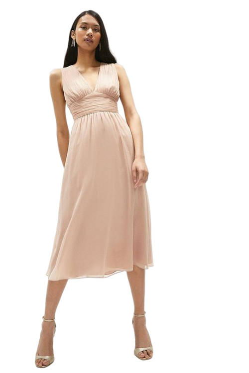 Jacques Vert Blush Crinkle Chiffon V Neck Midi Dress ACC00855