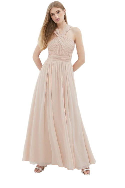 Jacques Vert Blush Cross Back Crinkle Chiffon Maxi Dress BCC02608