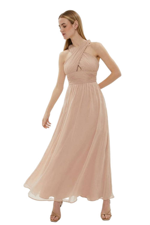 Jacques Vert Blush Cross Over Halter Neck Chiffon Maxi Dress BCC01123