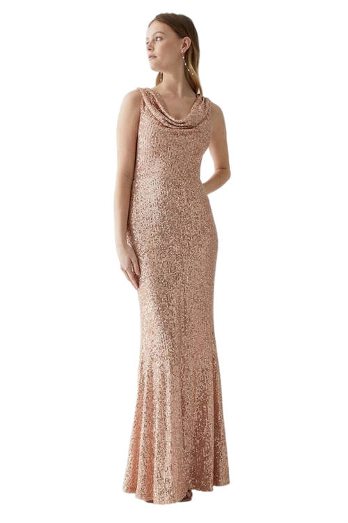 Jacques Vert Blush Drape Cowl Neck Sequin Bridesmaid Maxi Dress BCC04783