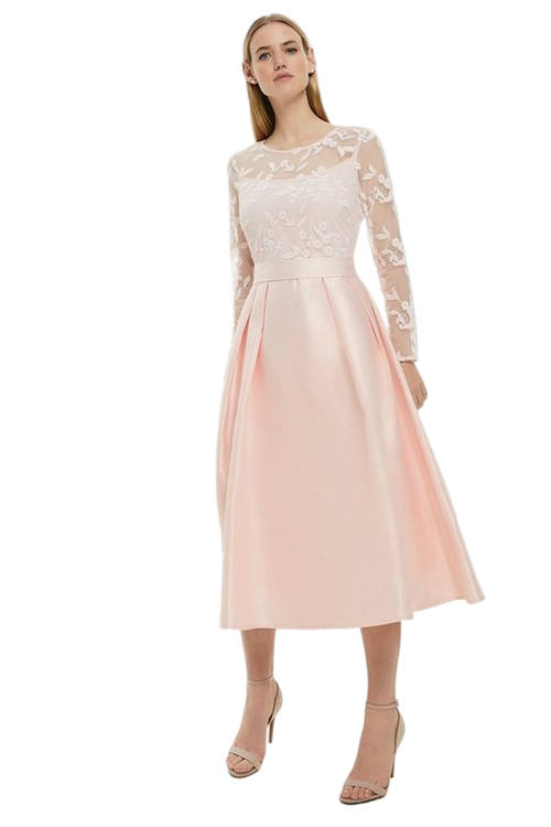 Jacques Vert Blush Embroidered Bodice Satin Skirt Dress ACC03407