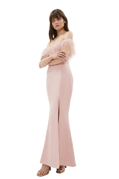 Jacques Vert Blush Feather Bardot Fishtail Ponte Maxi Dres BCC01813