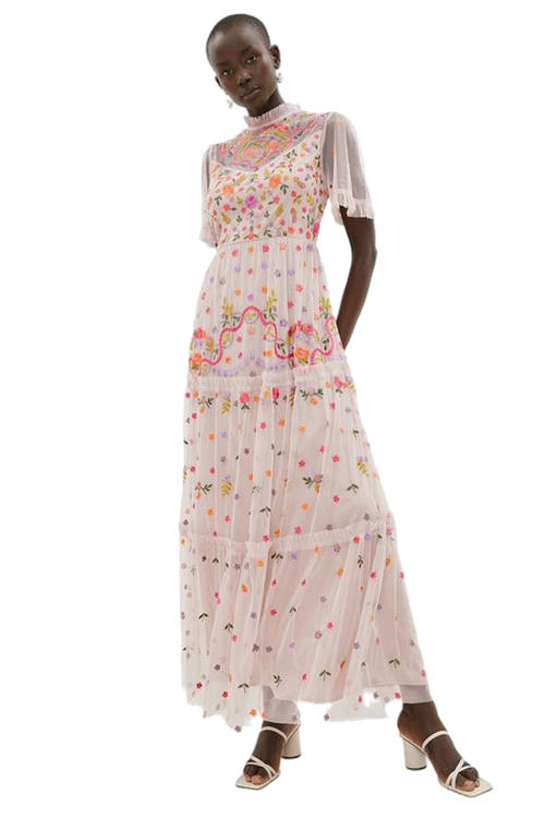 Jacques Vert Blush Flare Sleeve All Over Embroidered Maxi Dress BCC02832