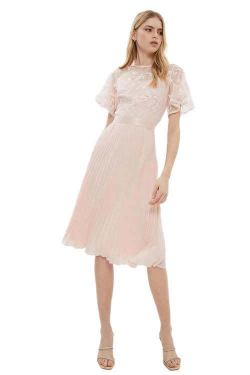 Jacques Vert Blush Flare Sleeve Embroidered Tie Waist Dress ACC03501