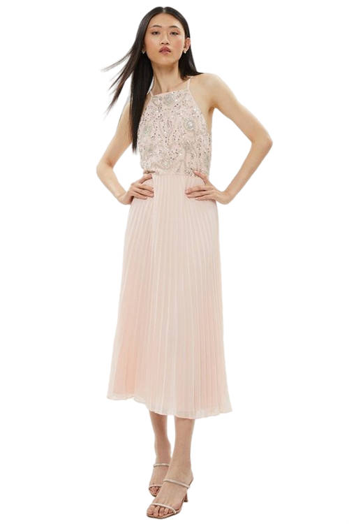 Jacques Vert Blush Floral Embellished Pleated Skirt Midi Dress BCC01416