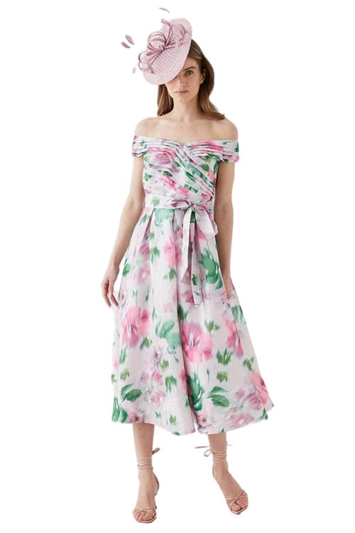 Jacques Vert Blush Glossy Organza Bardot Midi Dress BCC04876