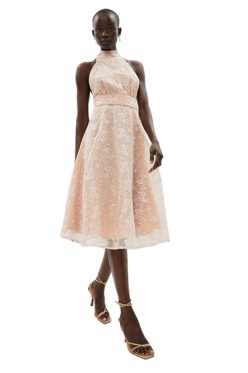 Jacques Vert Blush Halter Neck Organza Jacquard Midi Dress BCC02016