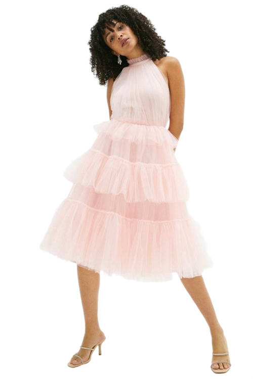 Jacques Vert Blush High Neck Tulle Tiered Midi Dress ACC01275