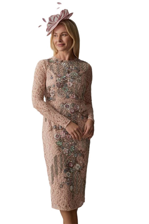 Jacques Vert Blush Lace Pencil Dress With Hand Embellishment BCC05433