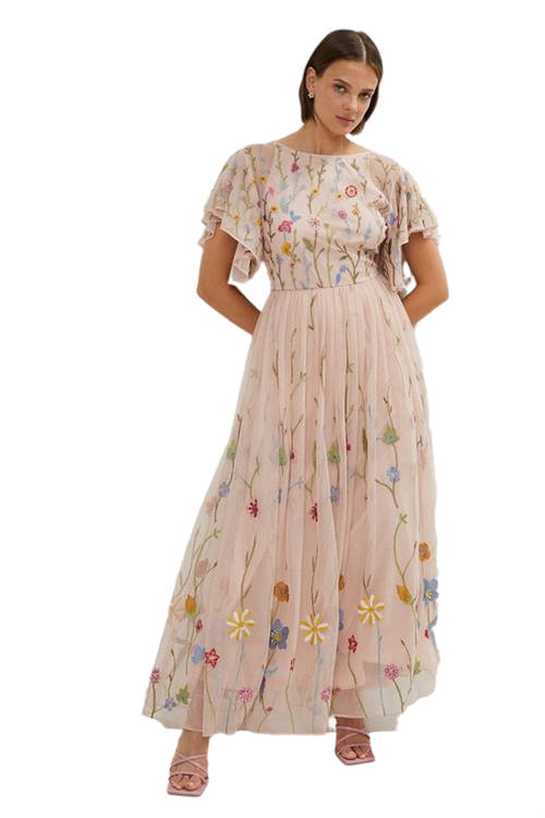 Jacques Vert Blush Meadow Embroidered Flute Sleeve Maxi Dress BCC01464