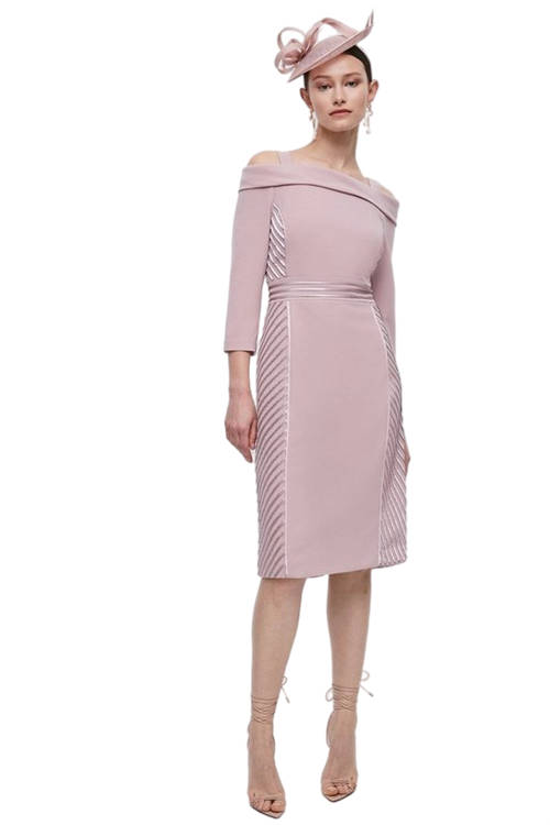 Jacques Vert Blush Midi Bardot Pencil Dress With Ribbon Trim BCC04612