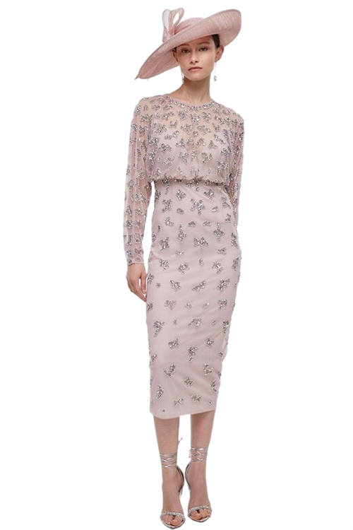 Jacques Vert Blush Midi Dress With Embellishment & Long Sleeves BCC04132