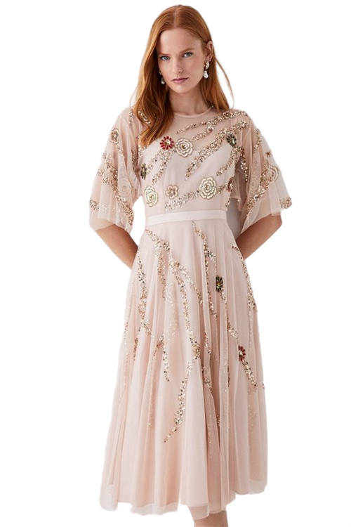 Jacques Vert Blush Midi Dress With Hand Embellished Flowers BCC03987