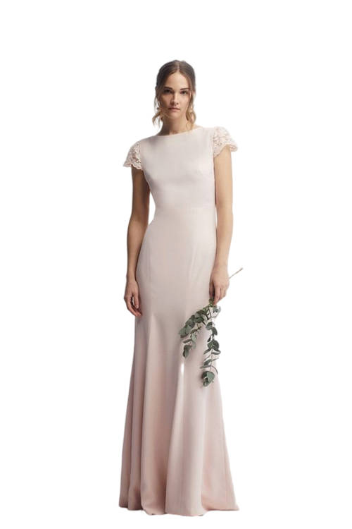 Jacques Vert Blush Petite Lace Detail Satin Back Crepe Bardot Fishtail Maxi BCC04602