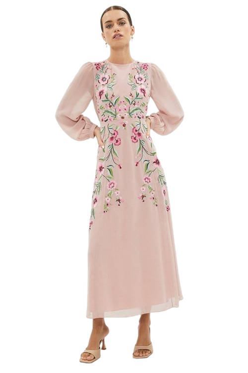 Jacques Vert Blush Petite Trailing Poppy Embroidered Midi Dress BCC02759