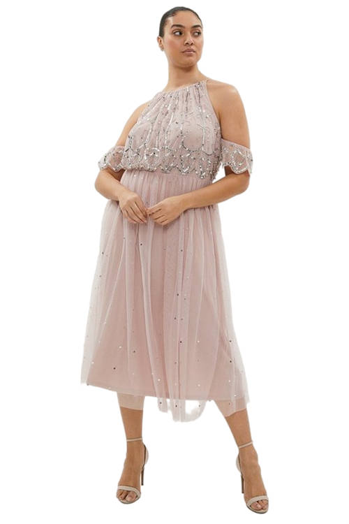 Jacques Vert Blush Plus Size Embellished Cold Shoulder Midi Dress​ BCC00614