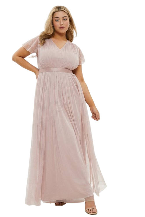 Jacques Vert Blush Plus Size Tulle V-neck Tie Belt Maxi Dress BCC00288