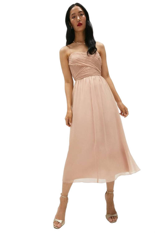 Jacques Vert Blush Ruched Bodice Cami Crinkle Chiffon Midi Dress ACC00857