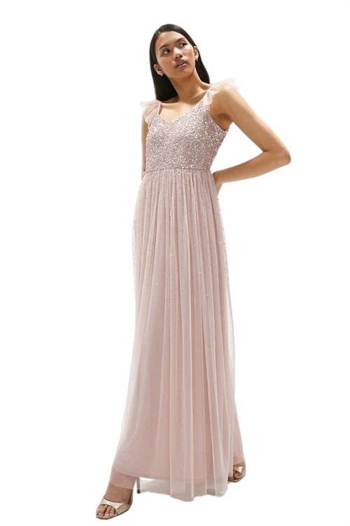 Jacques Vert Blush Sequin Bodice Frill Sleeve Maxi Dress ACC00793