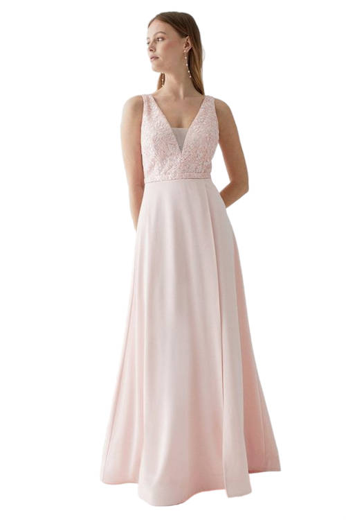 Jacques Vert Blush Sequin Mesh Bodice Full Satin Skirt Bridesmaid Dress BCC04785