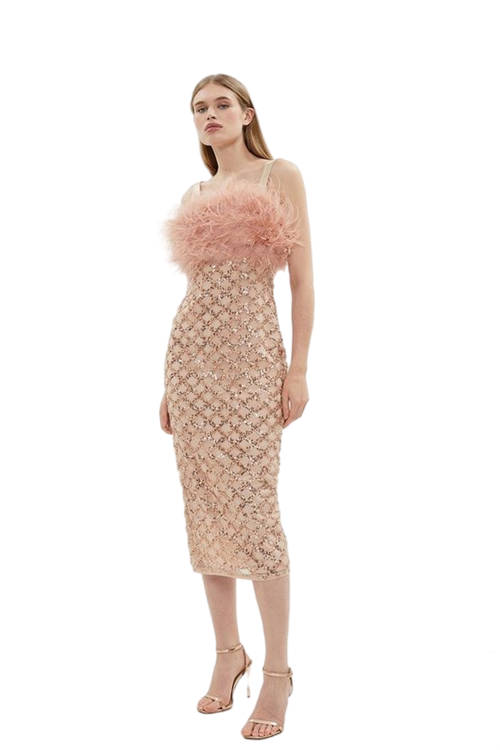 Jacques Vert Blush Sequin Midi Dress With Feather Trim​ BCC03440