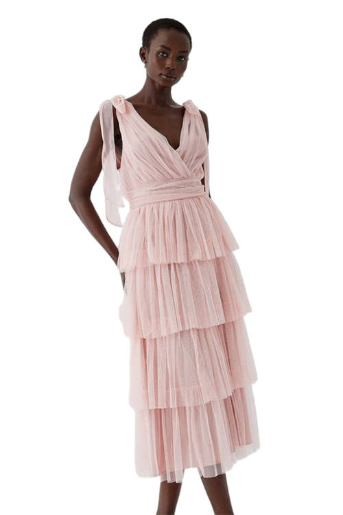 Jacques Vert Blush Tie Shoulder Mesh Bridesmaids Maxi Dress BCC05620