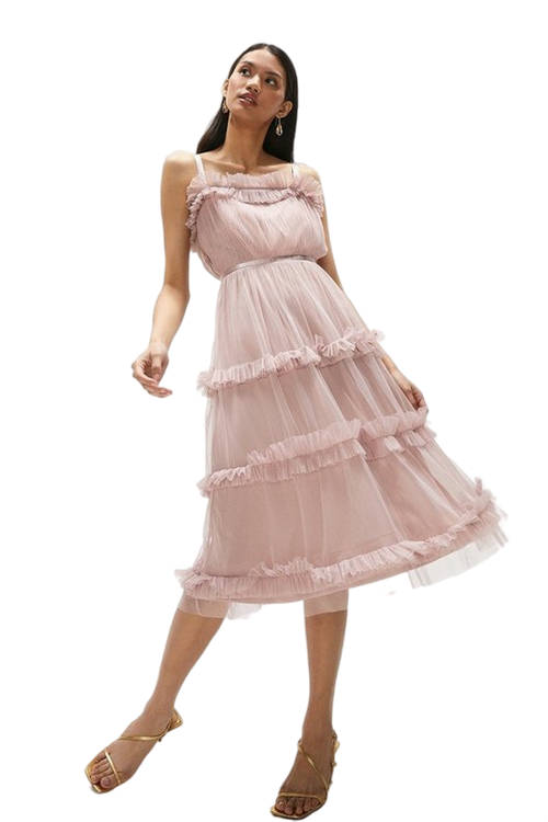 Jacques Vert Blush Tiered Ruffle Skirt Midi Dress ACC95326