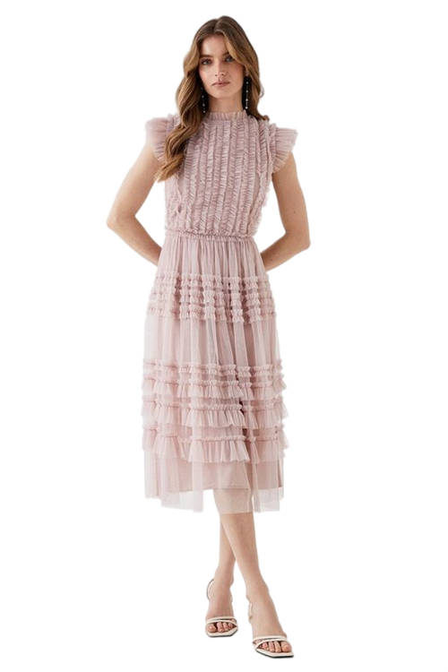 Jacques Vert Blush Tulle Micro Ruffle Frill Neck Midi Dress BCC05311