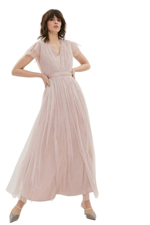 Jacques Vert Blush Tulle V-Neck Tie Belt Bridesmaid Maxi Dress ACC95330