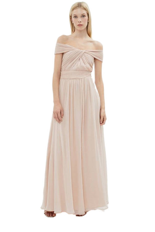 Jacques Vert Blush Twist Bardot Crinkle Chiffon Maxi Dress BCC02607