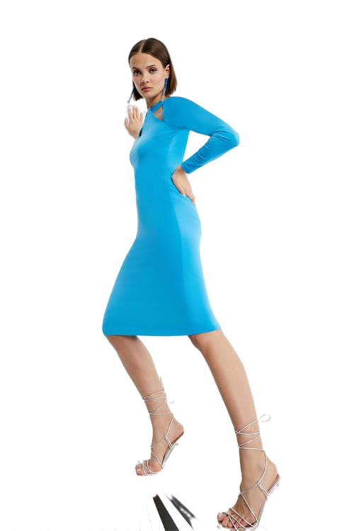 Jacques Vert Bright Blue Nick Grindrod Slinky Jersey Cold Shoulder Halter Neck Dress BCC01963