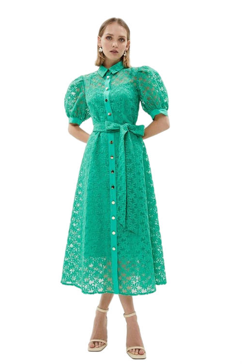 Jacques Vert Bright Green Petite Organza Puff Sleeve Tie Waist Midi Dress BCC00475