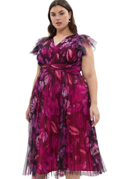 Jacques Vert Bright Pink Plus Size V Neck Pleated Mesh Ruffle Sleeve Dress BCC00906