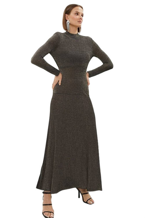 Jacques Vert Bronze Sparkle Knit Sheer Detailing Maxi Dress BCC02982