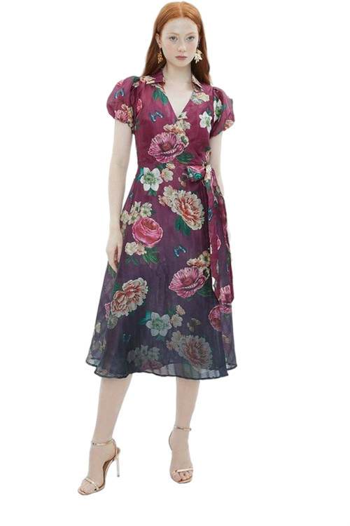 Jacques Vert Burgundy Alexandra Gallagher Printed Organza Wrap Dress BCC03097