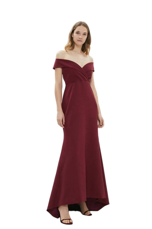 Jacques Vert Burgundy Bardot Cross Front Puddle Hem Maxi Dress BCC02893