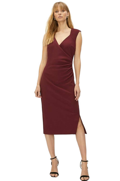 Jacques Vert Burgundy Premium Stretch Crepe V Neck Ruched Detail Midi Dress ACC02866