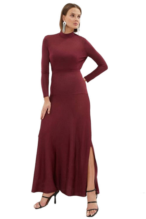 Jacques Vert Burgundy Sparkle Knit Sheer Detailing Maxi Dress BCC02982