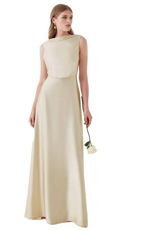 Jacques Vert Champagne Blouson Bodice Draped Back Satin Bridesmaids Maxi Dress BCC05439