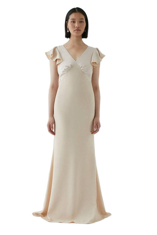 Jacques Vert Champagne Petite Open Ruffle Back V Neck Satin Bridesmaids Dress BCC04504