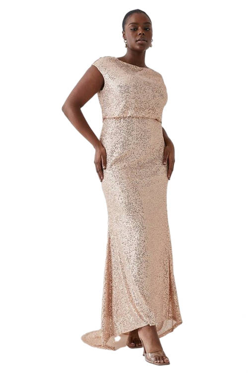 Jacques Vert Champagne Plus Blouson Top Fishtail Sequin Bridesmaids Maxi Dress BCC04443