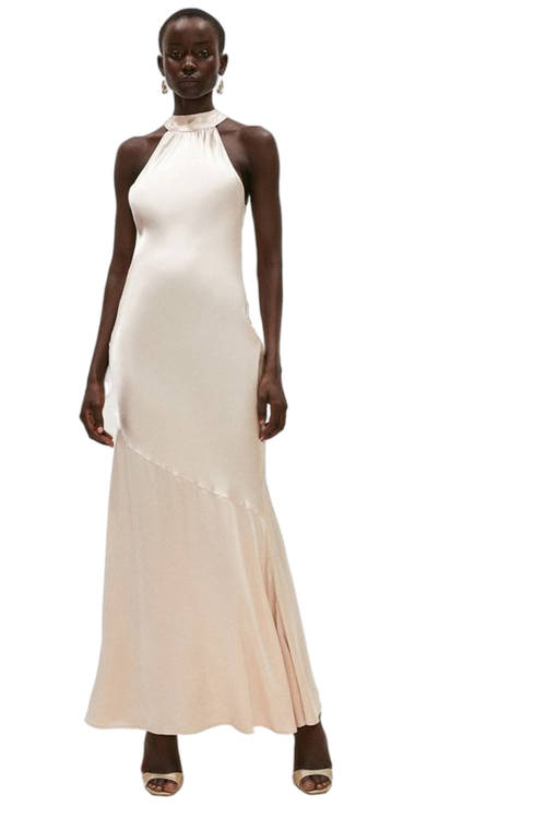 Jacques Vert Champagne Satin Halter Neck Maxi Dress ACC01620