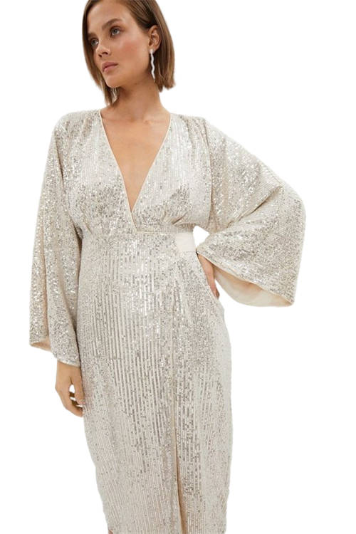 Jacques Vert Champagne Sequin Kimono Sleeve Wrap Dress BCC03565